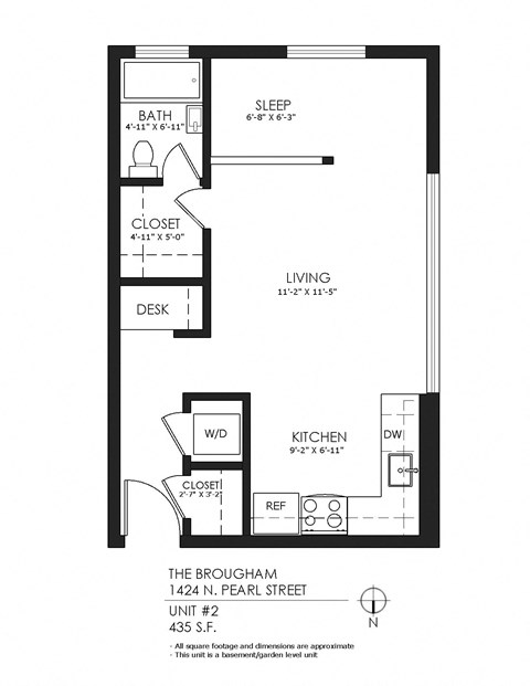 Floor plan for studio, 1 bath, 425 sqft